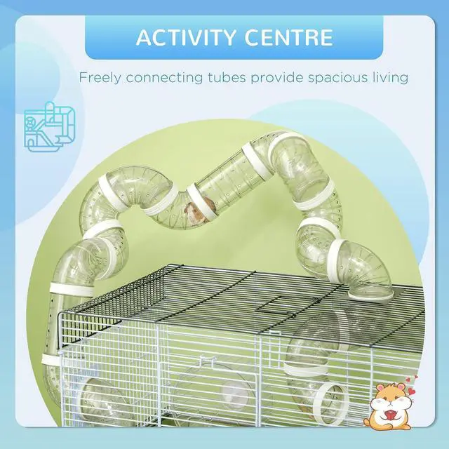 Alt view image 3 of 7 - PawHut Hamster Cage, 2 Levels Gerbil Cage, Small Animal Cage for Dwarf Hamster with Tubes and Tunnels, Exercise Wheel, Food Dish, Water Bottle, Ramp, 23" x 13" x 12", Gray