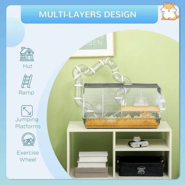 Alt view image 4 of 7 - PawHut Hamster Cage, 2 Levels Gerbil Cage, Small Animal Cage for Dwarf Hamster with Tubes and Tunnels, Exercise Wheel, Food Dish, Water Bottle, Ramp, 23" x 13" x 12", Gray