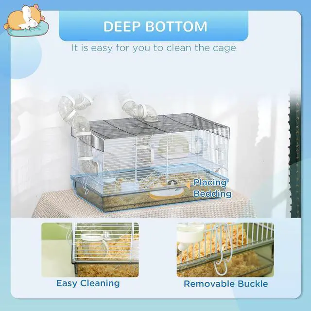 Alt view image 5 of 7 - PawHut Hamster Cage, 2 Levels Gerbil Cage, Small Animal Cage for Dwarf Hamster with Tubes and Tunnels, Exercise Wheel, Food Dish, Water Bottle, Ramp, 23" x 13" x 12", Gray