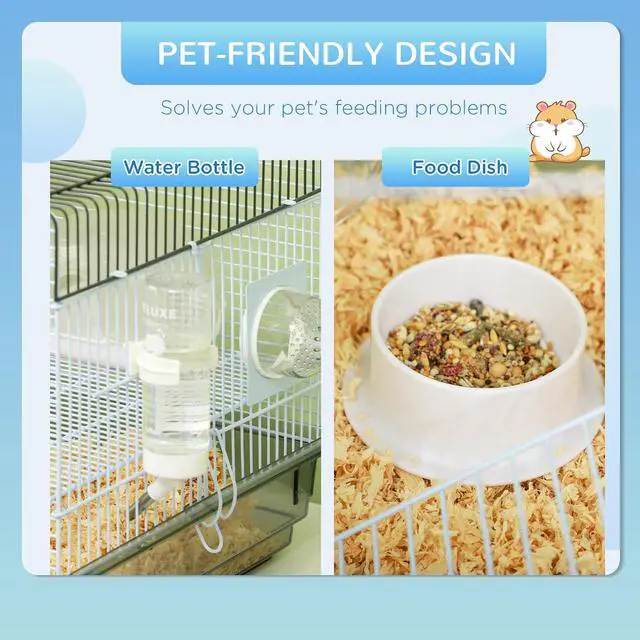 Alt view image 6 of 7 - PawHut Hamster Cage, 2 Levels Gerbil Cage, Small Animal Cage for Dwarf Hamster with Tubes and Tunnels, Exercise Wheel, Food Dish, Water Bottle, Ramp, 23" x 13" x 12", Gray