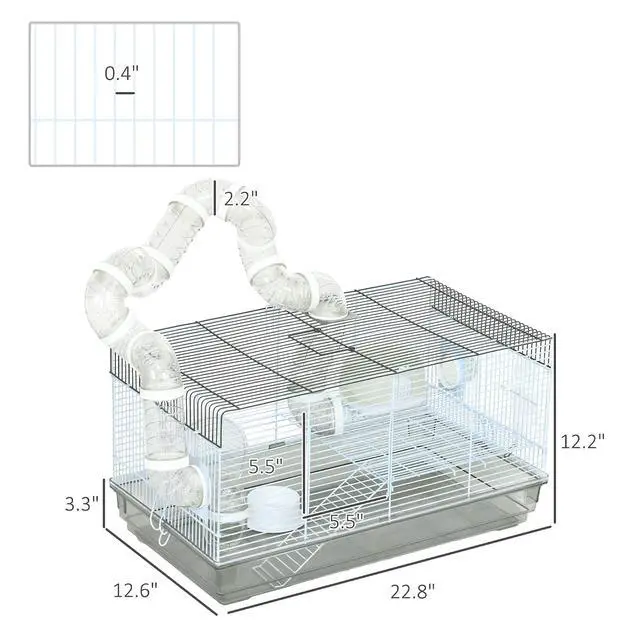 Alt view image 7 of 7 - PawHut Hamster Cage, 2 Levels Gerbil Cage, Small Animal Cage for Dwarf Hamster with Tubes and Tunnels, Exercise Wheel, Food Dish, Water Bottle, Ramp, 23" x 13" x 12", Gray