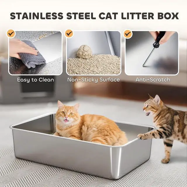 Alt view image 3 of 7 - PawHut XL Stainless Steel Litter Box with Lid for Big Cats, Dark Gray