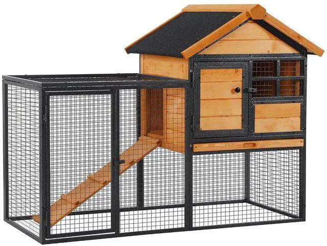 Main image of PawHut 2-Level Rabbit Hutch Bunny House with Weatherproof Hinged Asphalt Roof, Removable Tray and Ramp for Outdoor