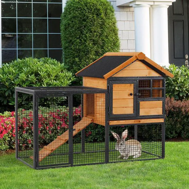 Alt view image 2 of 7 - PawHut 2-Level Rabbit Hutch Bunny House with Weatherproof Hinged Asphalt Roof, Removable Tray and Ramp for Outdoor
