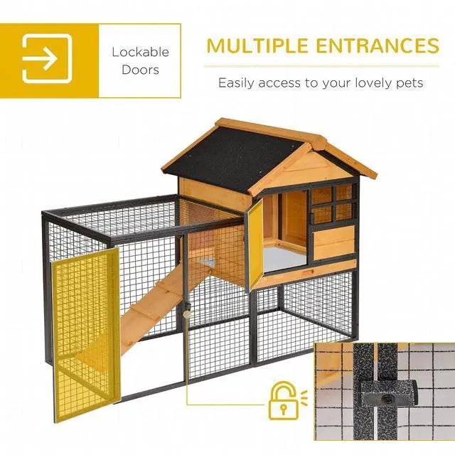 Alt view image 4 of 7 - PawHut 2-Level Rabbit Hutch Bunny House with Weatherproof Hinged Asphalt Roof, Removable Tray and Ramp for Outdoor