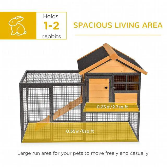 Alt view image 3 of 7 - PawHut 2-Level Rabbit Hutch Bunny House with Weatherproof Hinged Asphalt Roof, Removable Tray and Ramp for Outdoor