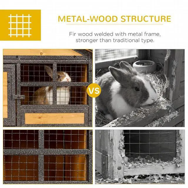 Alt view image 5 of 7 - PawHut 2-Level Rabbit Hutch Bunny House with Weatherproof Hinged Asphalt Roof, Removable Tray and Ramp for Outdoor