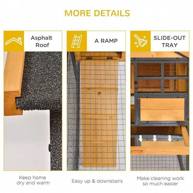 Alt view image 6 of 7 - PawHut 2-Level Rabbit Hutch Bunny House with Weatherproof Hinged Asphalt Roof, Removable Tray and Ramp for Outdoor