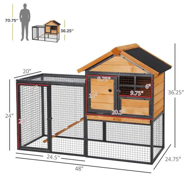 Alt view image 7 of 7 - PawHut 2-Level Rabbit Hutch Bunny House with Weatherproof Hinged Asphalt Roof, Removable Tray and Ramp for Outdoor