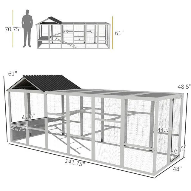 Alt view image 7 of 7 - PawHut Wooden Chicken Coop Run for 6-10 Chickens 141.75" x 48" x 61" Gray