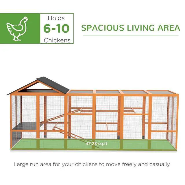 Alt view image 3 of 7 - PawHut Wooden Chicken Coop Run for 6-10 Chickens 141.75" x 48" x 61" Orange