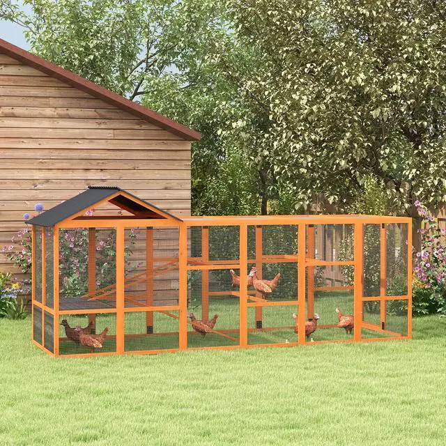 Alt view image 2 of 7 - PawHut Wooden Chicken Coop Run for 6-10 Chickens 141.75" x 48" x 61" Orange