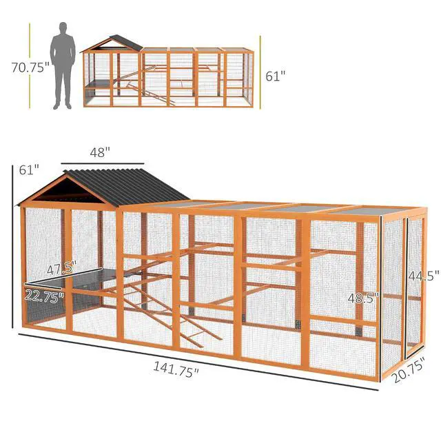 Alt view image 7 of 7 - PawHut Wooden Chicken Coop Run for 6-10 Chickens 141.75" x 48" x 61" Orange