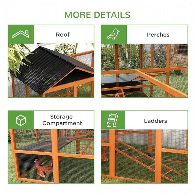 Alt view image 5 of 7 - PawHut Wooden Chicken Coop Run for 6-10 Chickens 141.75" x 48" x 61" Orange