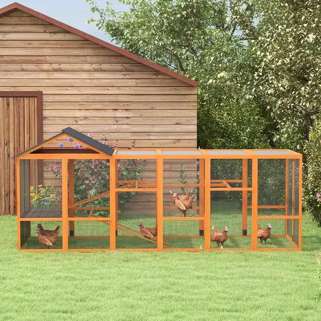 Alt view image 6 of 7 - PawHut Wooden Chicken Coop Run for 6-10 Chickens 141.75" x 48" x 61" Orange
