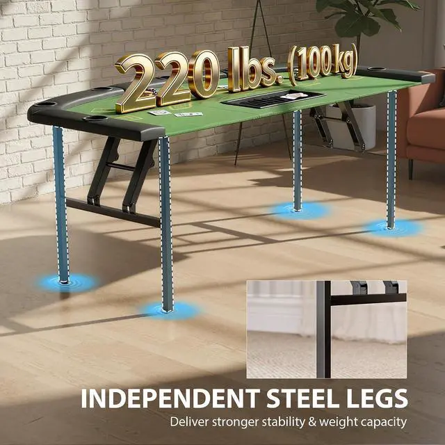 Alt view image 4 of 7 - Poker Table Foldable, 72" Portable, 8 Players, 220 LBS, Green