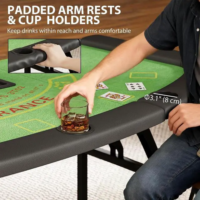 Alt view image 6 of 7 - Poker Table Foldable, 72" Portable, 8 Players, 220 LBS, Green