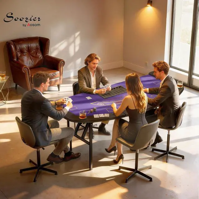 Alt view image 2 of 7 - Poker Table Foldable, 72" Portable Folding Casino Blackjack Table for 8 Players, 220 LBS Capacity, Felt Surface, Cup Holders, Chip Tray, Dealer Spot, Padded Rails, Texas Holdem Game, Dark Blue