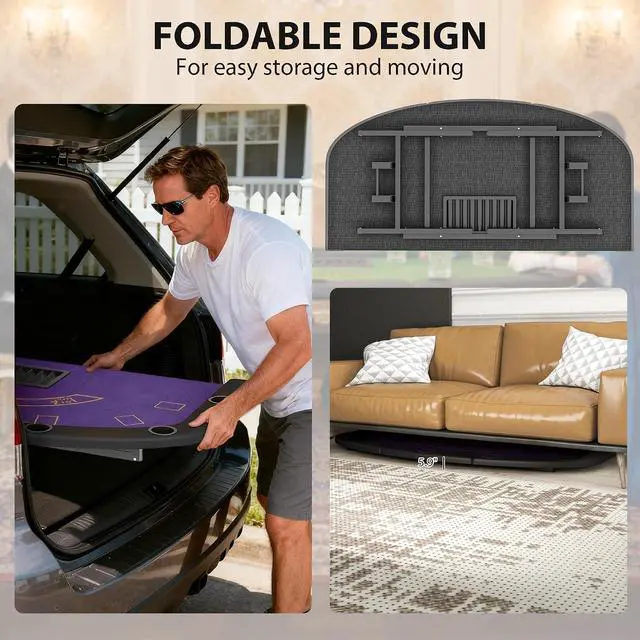 Alt view image 3 of 7 - Poker Table Foldable, 72" Portable Folding Casino Blackjack Table for 8 Players, 220 LBS Capacity, Felt Surface, Cup Holders, Chip Tray, Dealer Spot, Padded Rails, Texas Holdem Game, Dark Blue