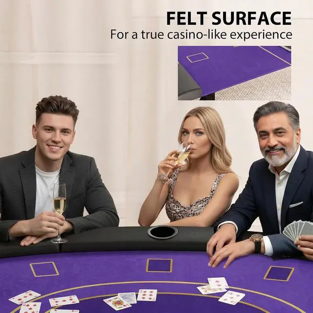 Alt view image 5 of 7 - Poker Table Foldable, 72" Portable Folding Casino Blackjack Table for 8 Players, 220 LBS Capacity, Felt Surface, Cup Holders, Chip Tray, Dealer Spot, Padded Rails, Texas Holdem Game, Dark Blue