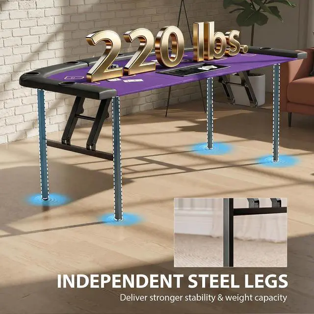 Alt view image 4 of 7 - Poker Table Foldable, 72" Portable Folding Casino Blackjack Table for 8 Players, 220 LBS Capacity, Felt Surface, Cup Holders, Chip Tray, Dealer Spot, Padded Rails, Texas Holdem Game, Dark Blue