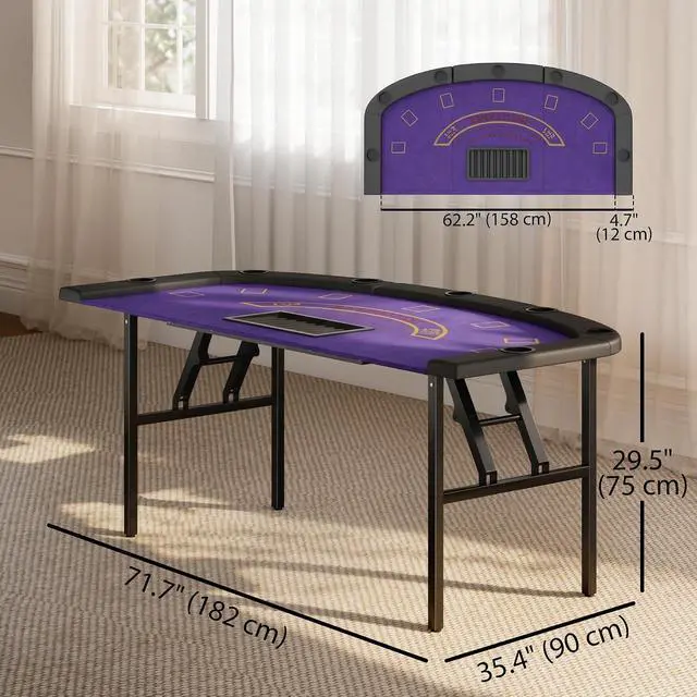 Alt view image 7 of 7 - Poker Table Foldable, 72" Portable Folding Casino Blackjack Table for 8 Players, 220 LBS Capacity, Felt Surface, Cup Holders, Chip Tray, Dealer Spot, Padded Rails, Texas Holdem Game, Dark Blue
