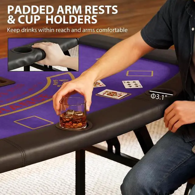Alt view image 6 of 7 - Poker Table Foldable, 72" Portable Folding Casino Blackjack Table for 8 Players, 220 LBS Capacity, Felt Surface, Cup Holders, Chip Tray, Dealer Spot, Padded Rails, Texas Holdem Game, Dark Blue