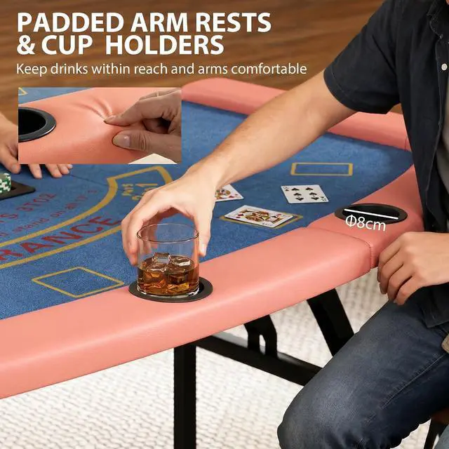 Alt view image 6 of 7 - Poker Table Foldable, 72" Portable, 8 Players, 220 LBS, Blue