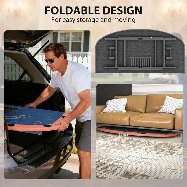 Alt view image 3 of 7 - Poker Table Foldable, 72" Portable, 8 Players, 220 LBS, Blue