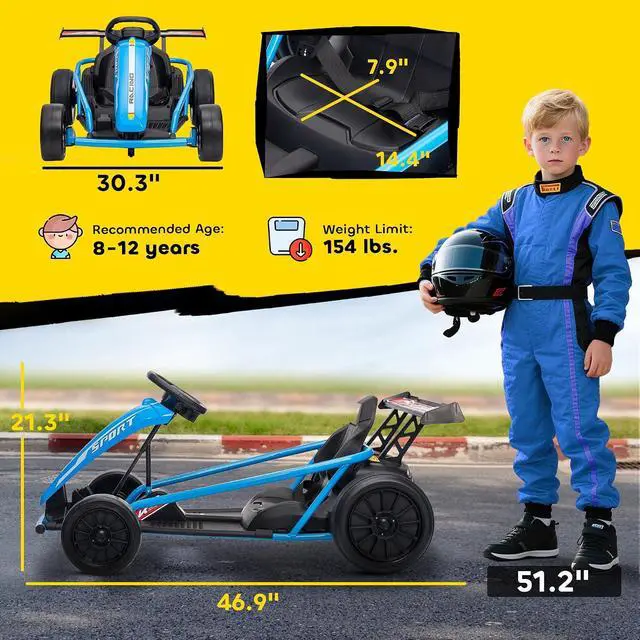 Alt view image 7 of 7 - Qaba 24V Electric Go Kart for Kids, 8.1 MPH Drift Kart with Dual Motors, Nylon Tires, Outdoor 7AH Battery Powered Ride on Toy with Soft Start, Safety Belt, Horn and Music for Kids 8-12 Years, Blue