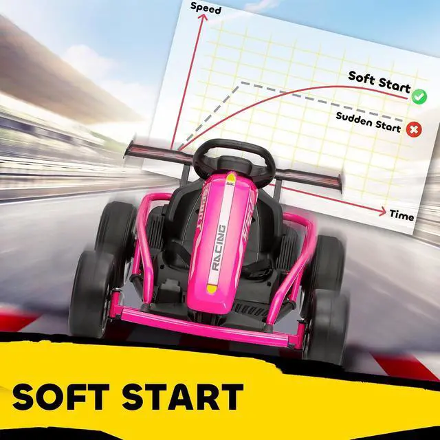 Alt view image 5 of 7 - Qaba 24V Electric Go Kart for Kids, 8.1 MPH Drift Kart with Dual Motors, Nylon Tires, Outdoor 7AH Battery Powered Ride on Toy with Soft Start, Safety Belt, Horn and Music for Kids 8-12 Years, Pink