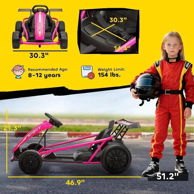 Alt view image 7 of 7 - Qaba 24V Electric Go Kart for Kids, 8.1 MPH Drift Kart with Dual Motors, Nylon Tires, Outdoor 7AH Battery Powered Ride on Toy with Soft Start, Safety Belt, Horn and Music for Kids 8-12 Years, Pink