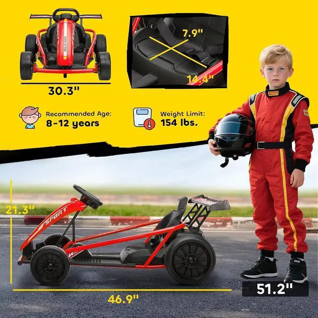 Alt view image 7 of 7 - Qaba 24V Electric Go Kart for Kids, 8.1 MPH Drift Kart with Dual Motors, Nylon Tires, Outdoor 7AH Battery Powered Ride on Toy with Soft Start, Safety Belt, Horn and Music for Kids 8-12 Years, Red