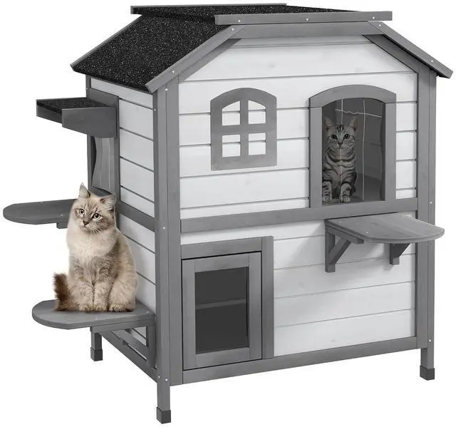 Main image of PawHut 2-Story Cat House Outdoor, Weatherproof Wooden Cat Enclosure for Feral Cats with Escape Door, Openable Roof, Jumping Platforms, White