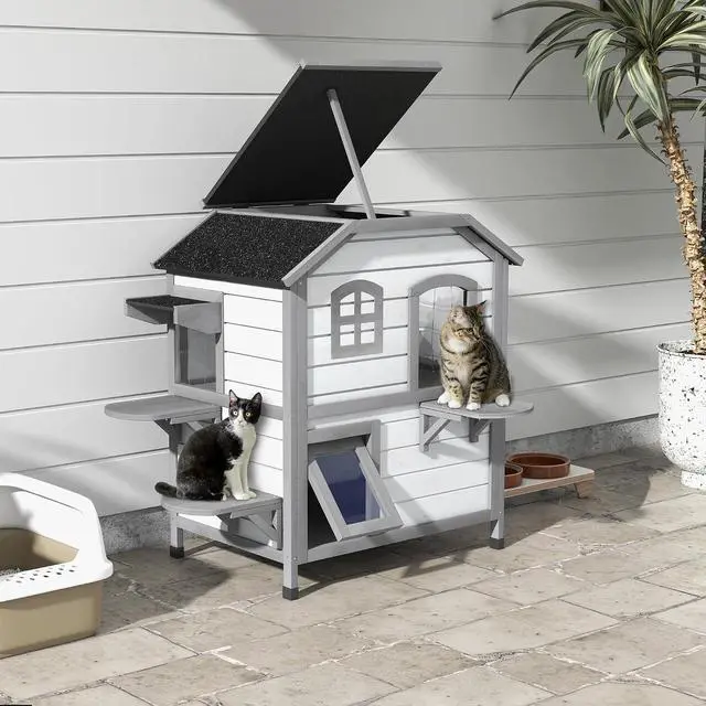 Alt view image 2 of 7 - PawHut 2-Story Cat House Outdoor, Weatherproof Wooden Cat Enclosure for Feral Cats with Escape Door, Openable Roof, Jumping Platforms, White