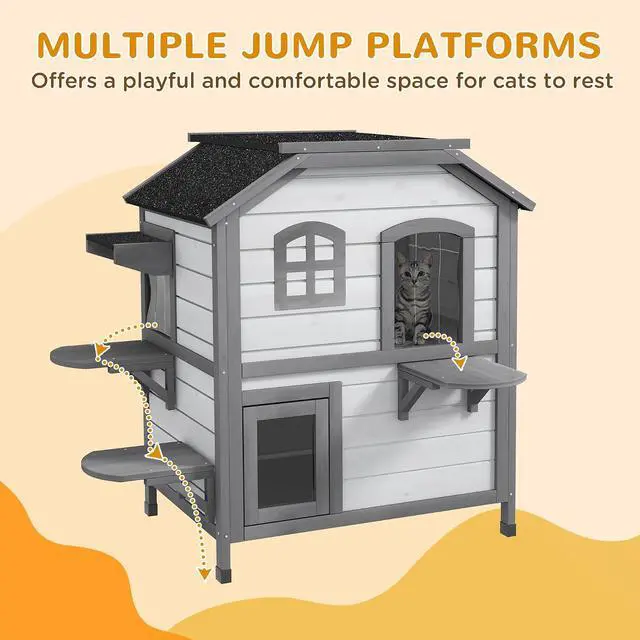 Alt view image 6 of 7 - PawHut 2-Story Cat House Outdoor, Weatherproof Wooden Cat Enclosure for Feral Cats with Escape Door, Openable Roof, Jumping Platforms, White