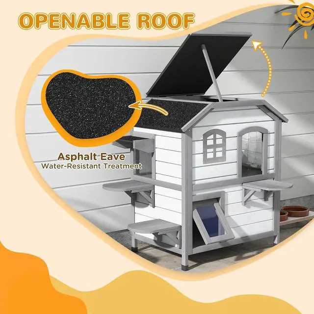 Alt view image 3 of 7 - PawHut 2-Story Cat House Outdoor, Weatherproof Wooden Cat Enclosure for Feral Cats with Escape Door, Openable Roof, Jumping Platforms, White