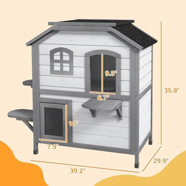 Alt view image 7 of 7 - PawHut 2-Story Cat House Outdoor, Weatherproof Wooden Cat Enclosure for Feral Cats with Escape Door, Openable Roof, Jumping Platforms, White