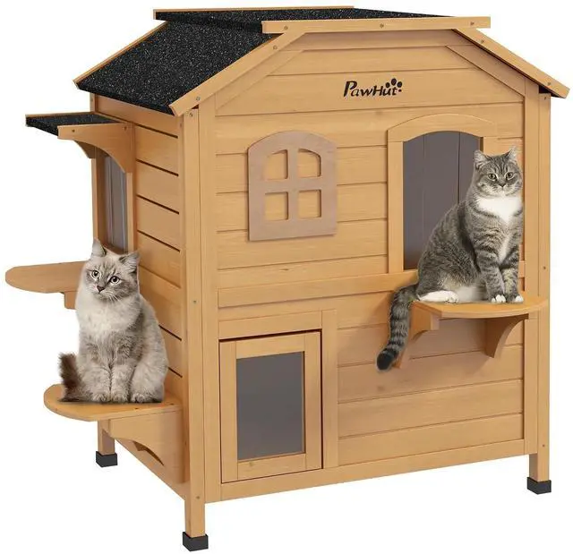 Main image of PawHut 2-Story Cat House Outdoor, Weatherproof Wooden Cat Enclosure for Feral Cats with Escape Door, Openable Roof, Jumping Platforms, Natural