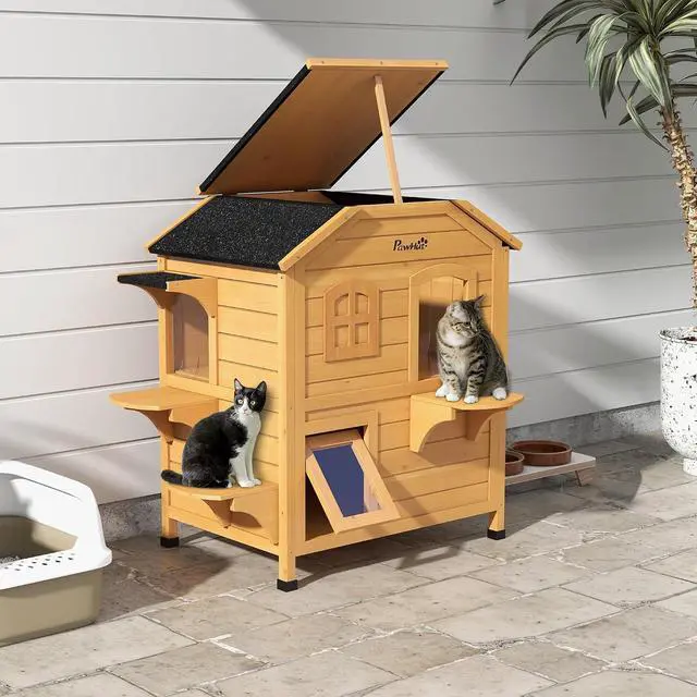 Alt view image 2 of 7 - PawHut 2-Story Cat House Outdoor, Weatherproof Wooden Cat Enclosure for Feral Cats with Escape Door, Openable Roof, Jumping Platforms, Natural