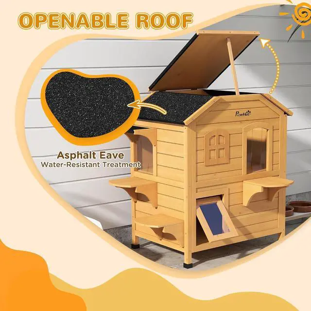 Alt view image 3 of 7 - PawHut 2-Story Cat House Outdoor, Weatherproof Wooden Cat Enclosure for Feral Cats with Escape Door, Openable Roof, Jumping Platforms, Natural