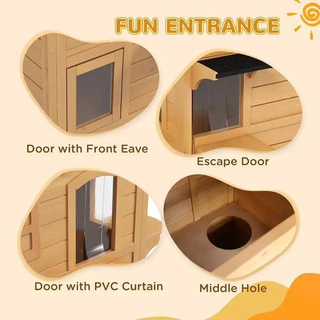 Alt view image 4 of 7 - PawHut 2-Story Cat House Outdoor, Weatherproof Wooden Cat Enclosure for Feral Cats with Escape Door, Openable Roof, Jumping Platforms, Natural