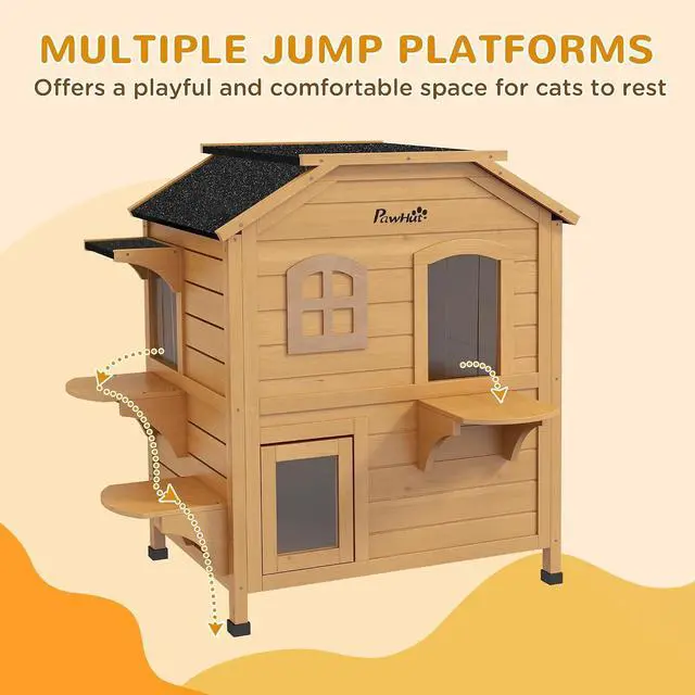 Alt view image 6 of 7 - PawHut 2-Story Cat House Outdoor, Weatherproof Wooden Cat Enclosure for Feral Cats with Escape Door, Openable Roof, Jumping Platforms, Natural