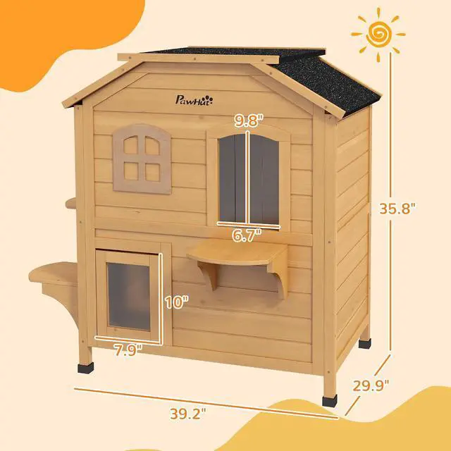 Alt view image 7 of 7 - PawHut 2-Story Cat House Outdoor, Weatherproof Wooden Cat Enclosure for Feral Cats with Escape Door, Openable Roof, Jumping Platforms, Natural