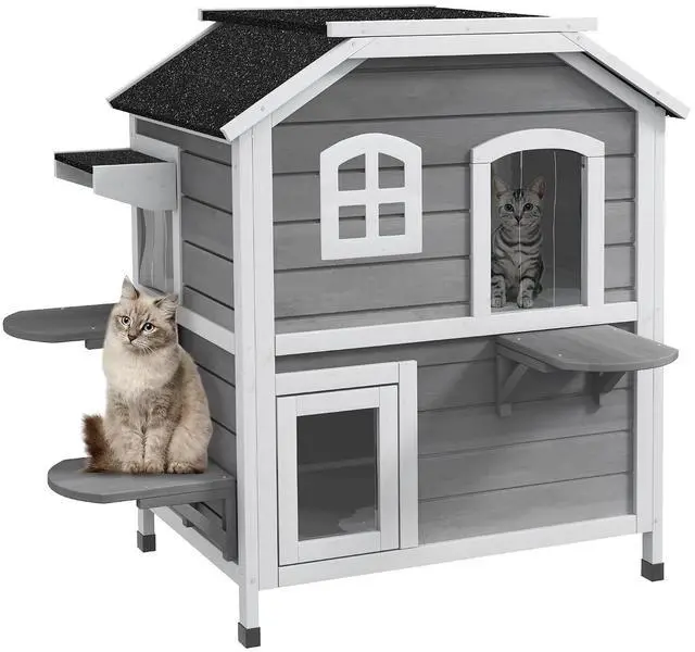 Main image of PawHut 2-Story Cat House Outdoor, Weatherproof Wooden Cat Enclosure for Feral Cats with Escape Door, Openable Roof, Jumping Platforms, Gray