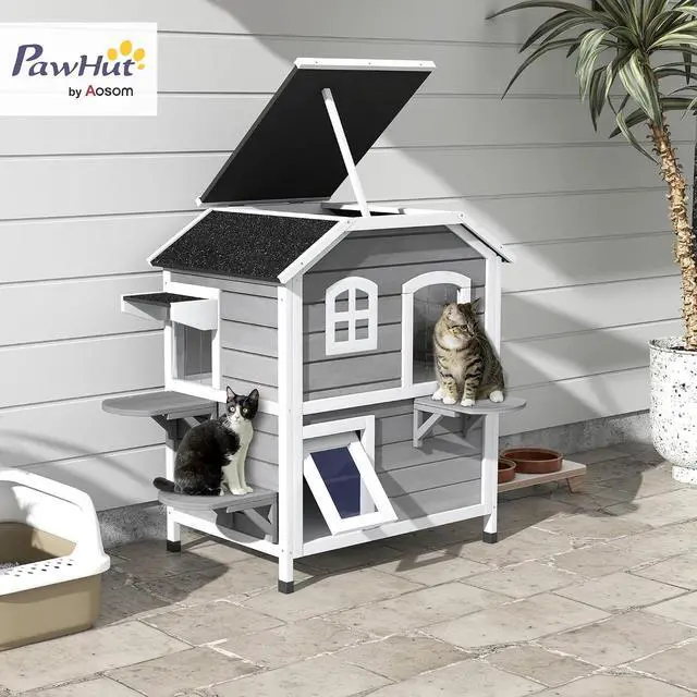 Alt view image 2 of 7 - PawHut 2-Story Cat House Outdoor, Weatherproof Wooden Cat Enclosure for Feral Cats with Escape Door, Openable Roof, Jumping Platforms, Gray
