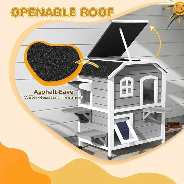 Alt view image 3 of 7 - PawHut 2-Story Cat House Outdoor, Weatherproof Wooden Cat Enclosure for Feral Cats with Escape Door, Openable Roof, Jumping Platforms, Gray