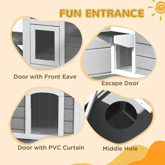 Alt view image 4 of 7 - PawHut 2-Story Cat House Outdoor, Weatherproof Wooden Cat Enclosure for Feral Cats with Escape Door, Openable Roof, Jumping Platforms, Gray
