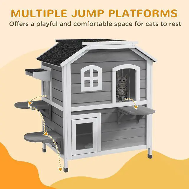 Alt view image 6 of 7 - PawHut 2-Story Cat House Outdoor, Weatherproof Wooden Cat Enclosure for Feral Cats with Escape Door, Openable Roof, Jumping Platforms, Gray