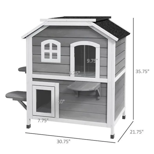 Alt view image 7 of 7 - PawHut 2-Story Cat House Outdoor, Weatherproof Wooden Cat Enclosure for Feral Cats with Escape Door, Openable Roof, Jumping Platforms, Gray